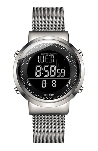 Relogio Masculino Digital Prata 46mm Imã Aço Inox Sanda 383