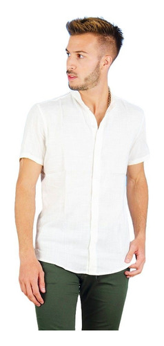 Camisa Lino  Blanca Hombre Cuello Mao Playa Elastizada