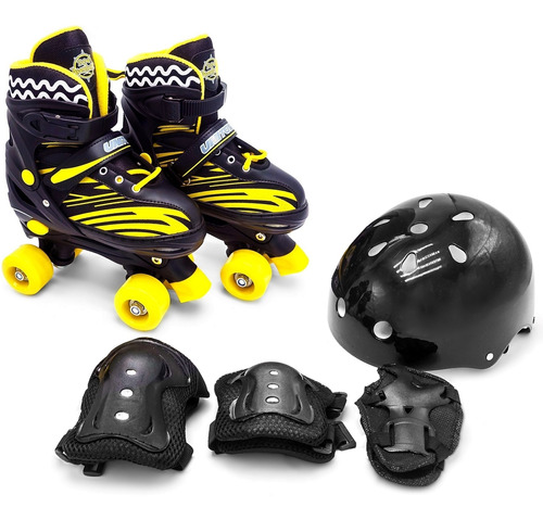 Patins Quad Preto E Amarelo Com Kit Proteção - Unitoys