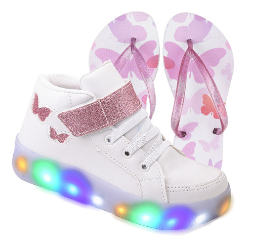 Tênis Feminino Infantil Botinha Borboleta De Led + Chinelo