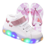 Tênis Feminino Infantil Botinha Borboleta De Led + Chinelo