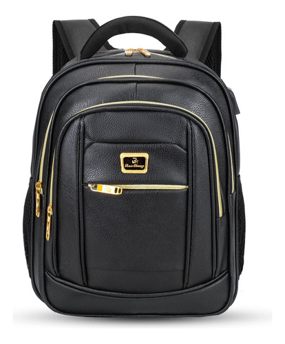 14pol Mochila Couro Pu Para Notebook Zíper Dourado Usb/fone