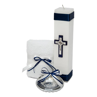 Kit Bautizo Azul Blanco Niño Concha De Pweter Cirio Vela | Envío gratis
