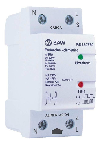 Rele Protector De Tensión Monofásico 80a Baw Riel Din Ru230f