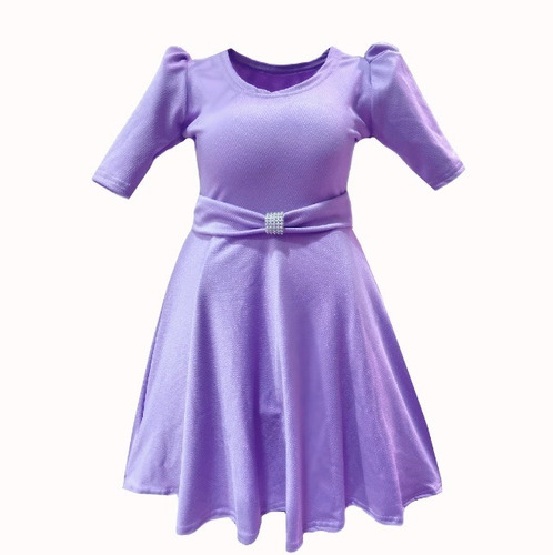 Vestido Infantil Rodado Manga Bufante 3/4 Cinto E Fivela