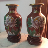 Antigo Par De Vasos Em Bronze Esmaltado Cloisonne