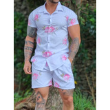 Conjunto Masculino Camisa E Shorts Curto Branco Floral Ofert