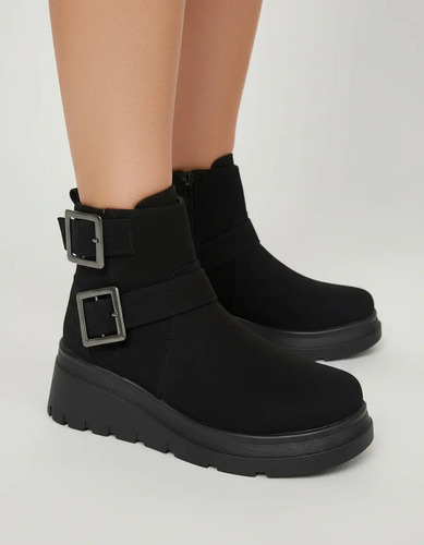 Botines Negros Con Hebilla Para Mujer Plataforma