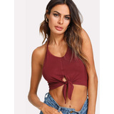 Croptop Burdeo Escote En V Y Lazo Shein