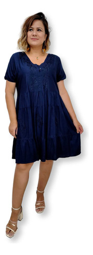 Vestido Curto Indiano Viscose Liso Com Bordado Plus Size