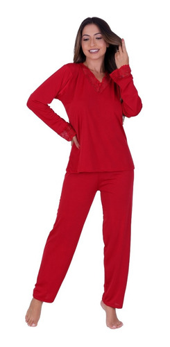 Pijama Longo Feminino Liganete Renda Camisola Luxo W1273 