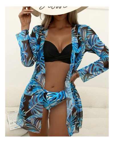 Bikini De Talle Alto Con Estampado Floral Y Kimono 3 Piezas