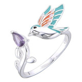 Anillo Plata 925 Colibri Ajustable Cubic Lila Regalo Mujer