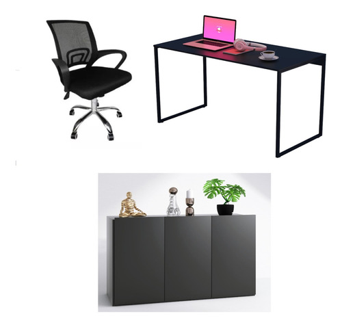 Escrivaninha Mesa Office Estudo Estilo Industrial 90cm Conj Cor Preto