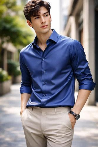 Camisa Para Hombre Manga Larga Seda Hielo Antiarrugas[u]