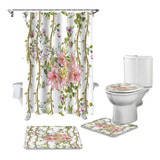 Set Cortina De Ducha Impermeable Floral Lirio Rosa Botánico