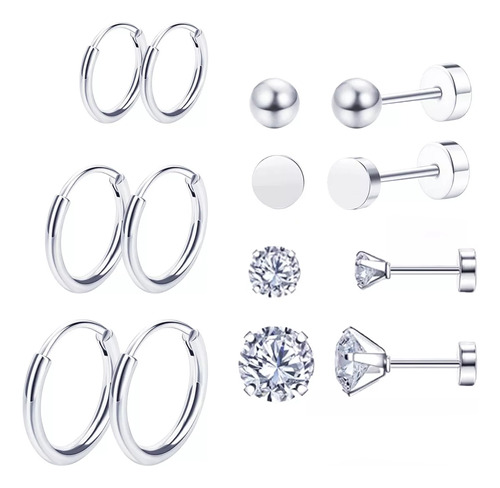 16pc Aretes Mujer Joyería Plata Broquel Acero Inoxidable