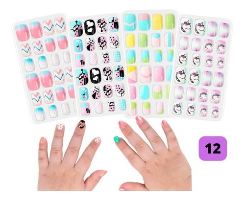 Kit 12 Unhas Postiças Desenhos Divertidos Unicórnio Bichinho