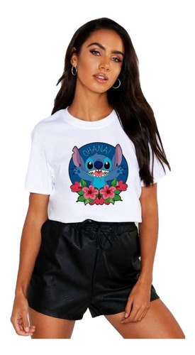 Polera Dama Estampada 100%algodon Diseño Stitch Con Flores