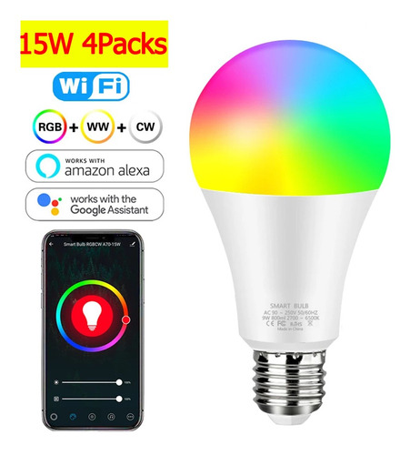 4packs 15w Wifi Smart Bombilla De Luz E27 Led Lámpara Rgb