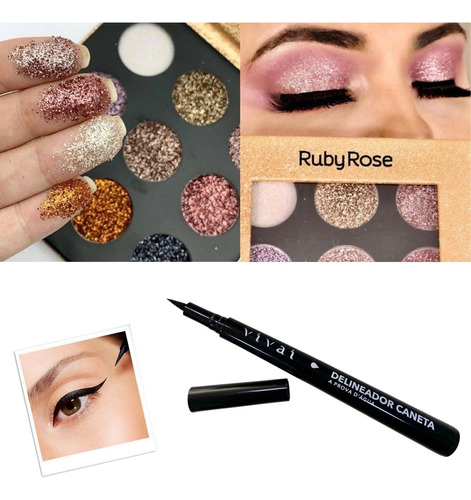 Paleta Sombras Glitter Cremoso Shine + Delineador Ruby Rose