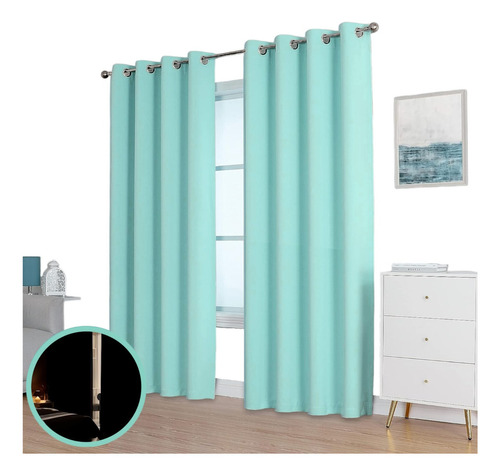 Juego De Cortinas Blackout 280 X 215cm En 2 Paneles Con Aros Color Agua