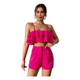 Conjunto Juvenil De Short Y Top De Capas Color Rosa