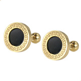 Aretes Broquel Negros Estilo Ronda Pe Grecas Oro Laminad 14k