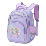 Mochila Escolar Unicornio Transpirable Ligera Impermeable Kawaii Y Reflexiva Para Niñas Primarias Viaje Color Lila 