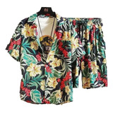 Camisa Hawaiana Slim Fit Floreada Casual Para Hombre+shorts