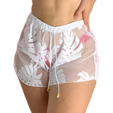 Shortinho Renda Feminino Saída Banho Piscina Estampa Folhas