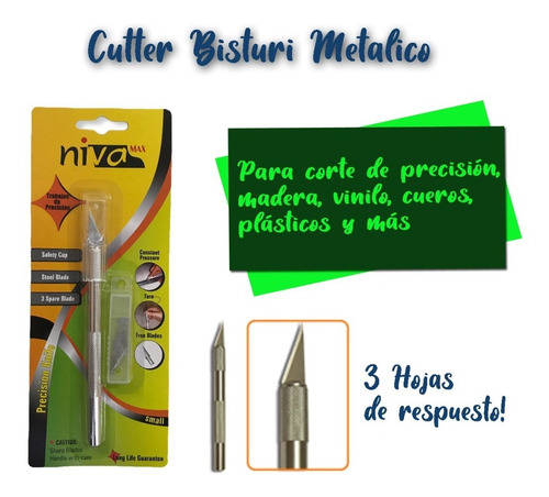 Cutter Bisturí Cuerpo Y Grip Metálico + 3 Hojas De Repuesto 