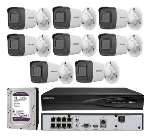 Nvr 08 Canais Hikvision Poe + 08 Cameras Ip Poe Full + Hd 1t