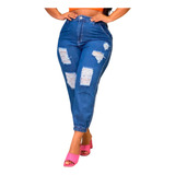 Calça Plus Size Mom Jeans Destroyed Jogger Elastico Na Perna