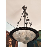 Extraordinaria Lámpara Art Decó En Hierro Y Vidrio Firmado