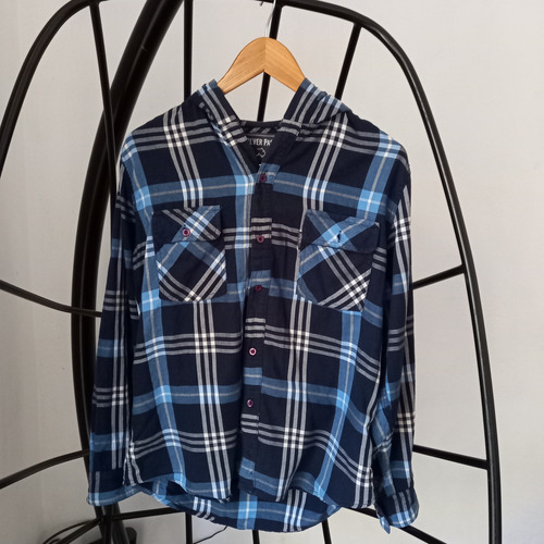 Camisa Hombre Cuadrille Azul. Marca Rever Pass. Con Capucha