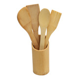 Kit Talheres Bambu 5 Peças Colher Espátula Utensílio Cozinha