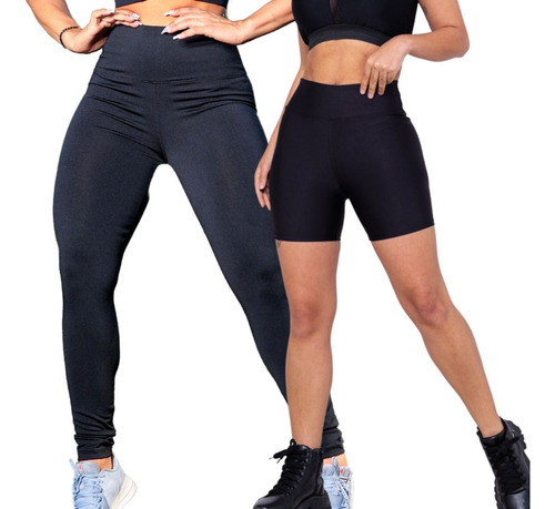 Kit Calça E Shorts Legging Fitness Feminino Cós Alto Suplex