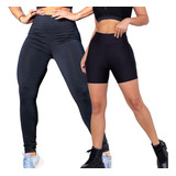 Kit Calça E Shorts Legging Fitness Feminino Cós Alto Suplex
