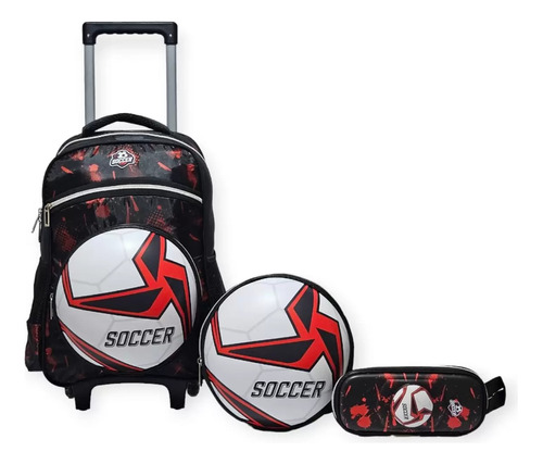 Kit Mochila Escolar Rodinha Soccer Reforçada 3d Alto Relevo