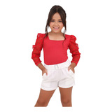 Conjunto Infantil Body Vermelho Shorts Linho Branco Luxo