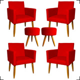 Kit 4 Poltronas Decorativas Para Sala + 2 Puff Suede Cores Cor Vermelho Desenho Do Tecido Suede Liso