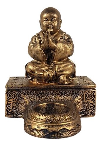 Buda Chinês Gordo Castiçal De Resina Dourado Decorativo
