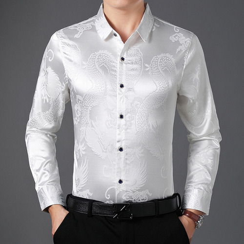 Camisa De Hombre De Seda Artificial Con Estampado De Dragón