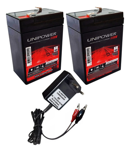 2 Bateria Unipower 6v 4,5a Carregador 6v 800mah Garra Jacaré