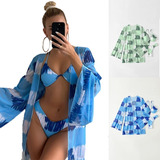 Conjunto De Playa Estampado Con Kimono De Verano+ Bikini