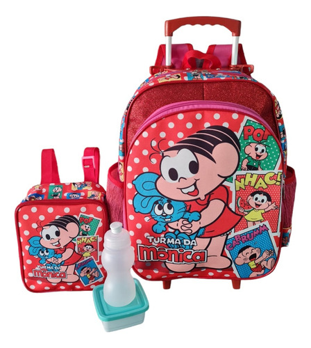 Mochila Infantil Monica Sansão Brilhos Rodinha G Lancheira Cor Vermelho Desenho Do Tecido M / L - Bia Rodas G