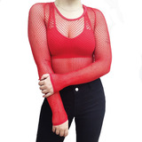 Camiseta De Red Manga Larga Elastizada Lencería Femenina