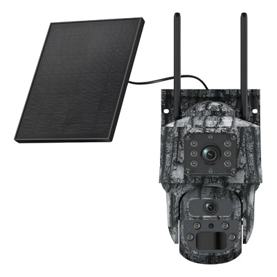 Cámara Cavisec Camuflaje Doble Lente Solar 4g 5G 3mp Full HD de Chip Nano Sim para Rancho Panel Solar 5W Visión nocturna Sensor de movimiento Graba video Sirena Alarma Impermeable IP66 Rotación PTZ | Meses sin interés