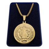 Medalla De San Benito + Cadena De 60cm :: Acero Dorado